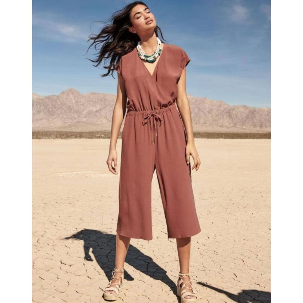 Eileen Fisher Wrap Tencel Viscose Crepe Terracotta  Wide Leg Crop Jumpsuit SZ L